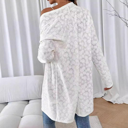 Autumn Winter Elegant Solid Color Knitted Jacquard Long Sleeve Long Cardigan Top Women Coat