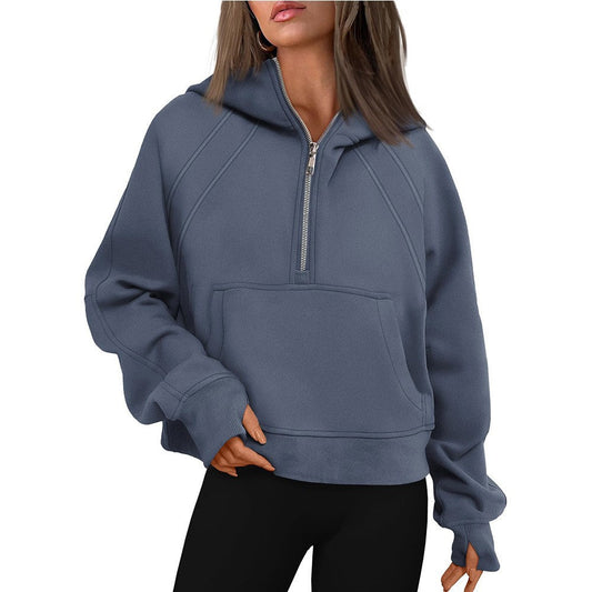Half Zipper Pullover Hooded Sweatshirt Fleece Short Chic Scuba Sweater for Women
