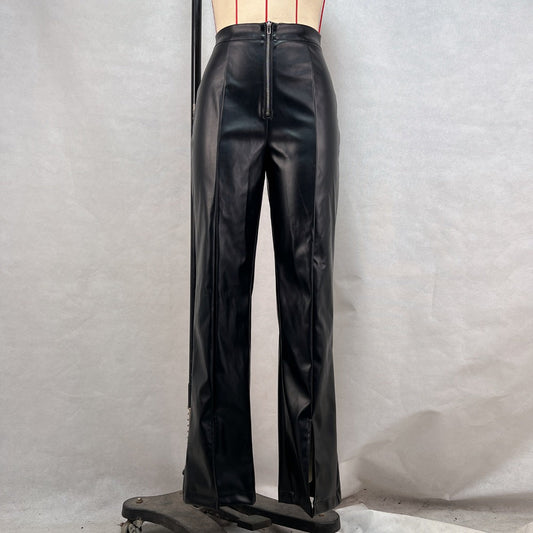 Leather Casual Pants Autumn Winter High Waist Slimming Casual Straight Pants Faux Leather Wide Leg Leather Pants Solid Color Split