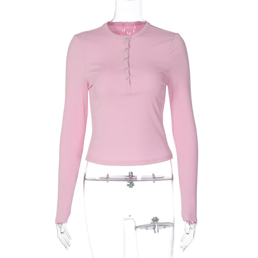 Women Autumn Buckle Half Open Collar Long Sleeve Slim Fit Slimming Fashionable All Match Bottoming Shirt Top