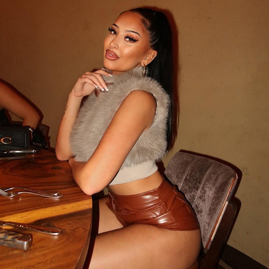 Women Clothing Autumn Winter Solid Color Sleeveless Plush Cardigan Zipper Vest Bare Cropped Slim Fit Top