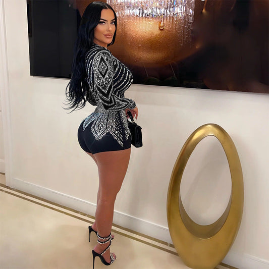 Sexy Deep V Plunge-neck See-through Polyester Mesh Long Sleeve Stitching Straight Slim Fit Bodysuit Women Clothing