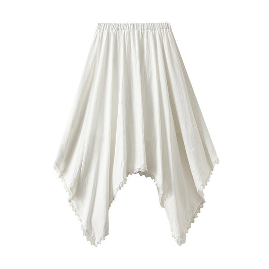 Irregular Asymmetric Lace Stitching Skirt Women Autumn Elastic Waist Casual A line Large Hem Umbrella Skirt