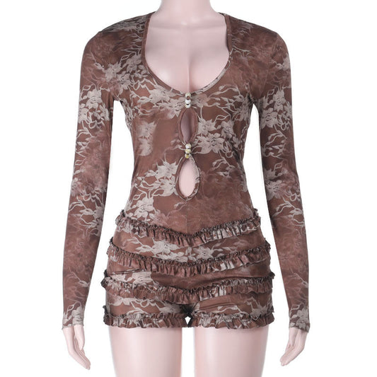 Autumn Winter Sexy Tight Deep V Plunge Long Sleeve Printing Romper