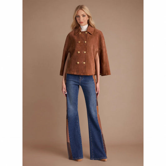 Retro Loose Design Double Row Metal Buckle Decorative Design Collared Brown Suede Cape Coat