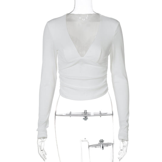 Women Long Sleeved V neck T shirt Summer Slim Color Sunken Stripe Top Women