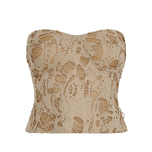 Retro Waste Soil Sexy Sexy Ripped Tube Top Double-Layer Contrast Color Chest Flattering Holiday Top Women