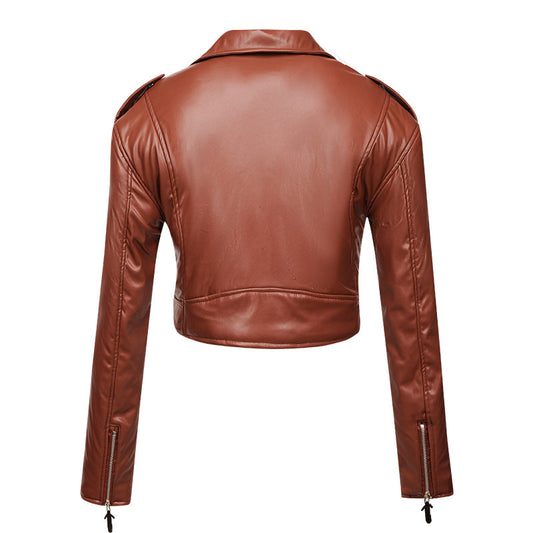 Women Leather Jacket Slim Fit Short Cotton High Waist Long Sleeve Collared Oblique Zipper Leather Jacket Faux Leather Women Motorcycle Clothing
