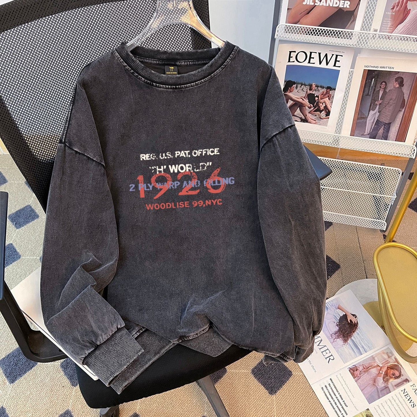 Loose Autumn Winter Fleece Lined Thickened Couple Outdoor Washed Distressed Composite round Neck Print Sweatshirt Women Coat