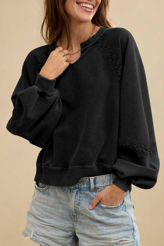 Solid Color Half Open Collar Stitching Lace Loose Stylish Long Sleeves Sweater