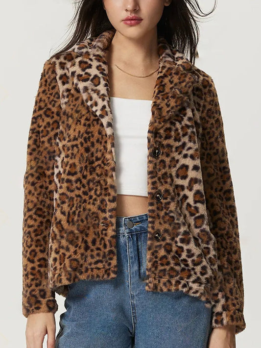 Women Clothing Buckle Collared Thickening Leopard Print Coat