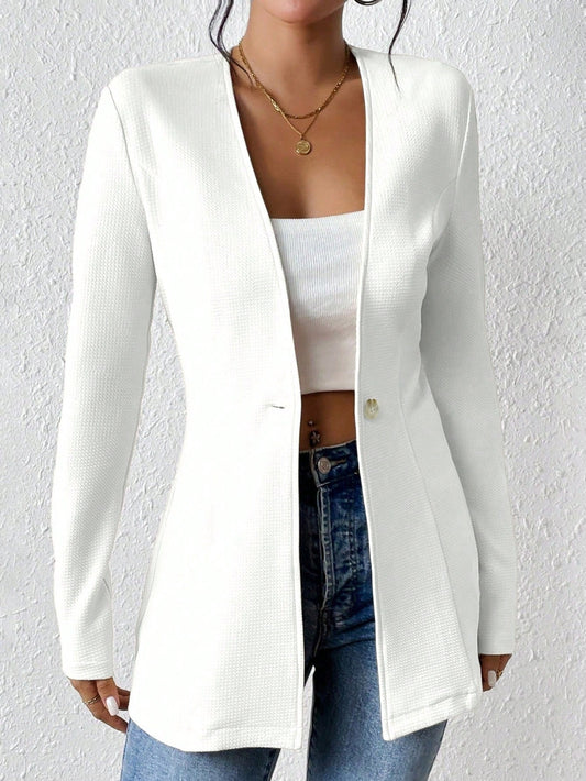 Fashionable V neck One Button Solid Color Long Sleeve Small Blazer