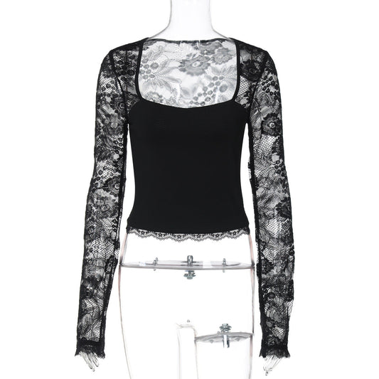Women Clothing Summer Sexy Lace Cutout Stitching Long Sleeved Top