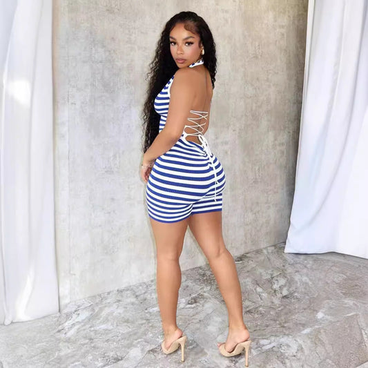 Women Clothing Summer Striped Printed Halter Backless Sexy Siamese Shorts