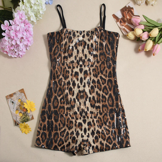 Girls Sequin Leopard Strap Backless Sexy Cutout Tight Cover Jumpsuit