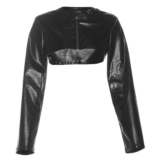 Fall Women Clothing Street Trend Sexy Short Long Sleeve Zipper Faux Leather Slim Jacket