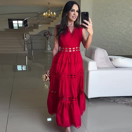 Palace Hollow Out Cutout out Embroidered V neck Slimming Long Sleeveless Dress