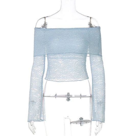 Women Clothing Summer Sexy off Neck Lace Waist Sheer Long Sleeve Top