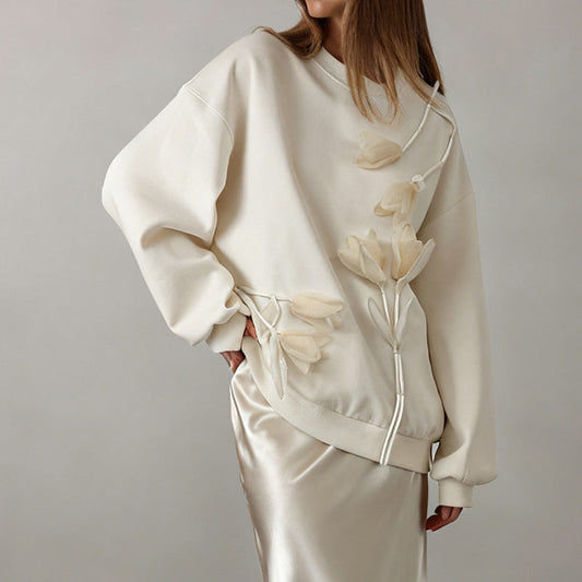 Popular Mid Length Autumn Winter Lazy Loose Three Dimensional Floral Long Sleeve Pullover Hoodie Women Clothing