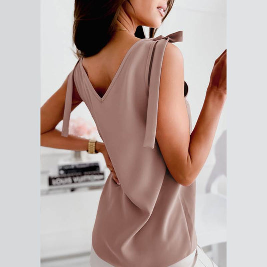Minimalist V Neck Women's Top - Summer Sleeveless Solid Color Deep V Neck Open Back Design