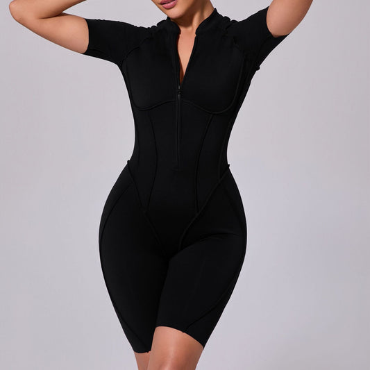 Summer Zipper Short Sleeve Outer Wear Fitness Yoga Jumpsuit Women Dance Tight Sports Jumpsuit
