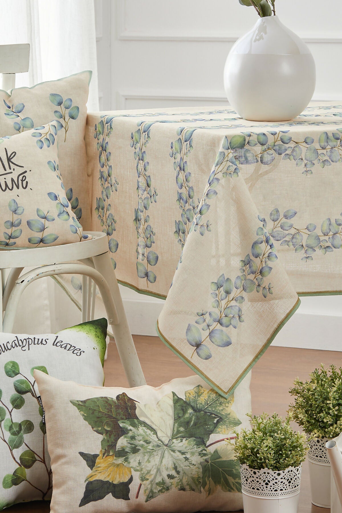 Beautiful Ivy Linen-Like Tablecloth in Pastel Blues and Greens