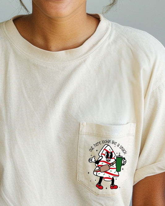 Out Here Looking Like A Snack, Pocket, Christmas Cake, Water Bottle, Boujie, Boujee, Winter, Santa, Snow, Xmas Pocket Tee Comfort Colors T-Shirt