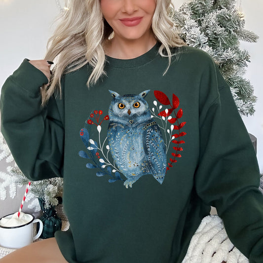 Owl, Folk Art, Scandinavian, Winter, Christmas Sweatshirt