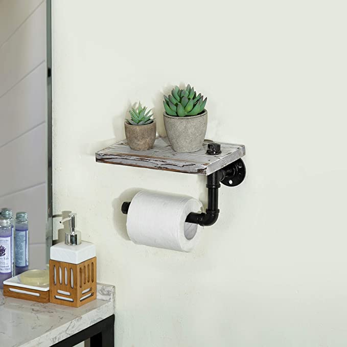 (9.8 in - Rustic White) Industrial Toilet Paper Holder with Shelf,