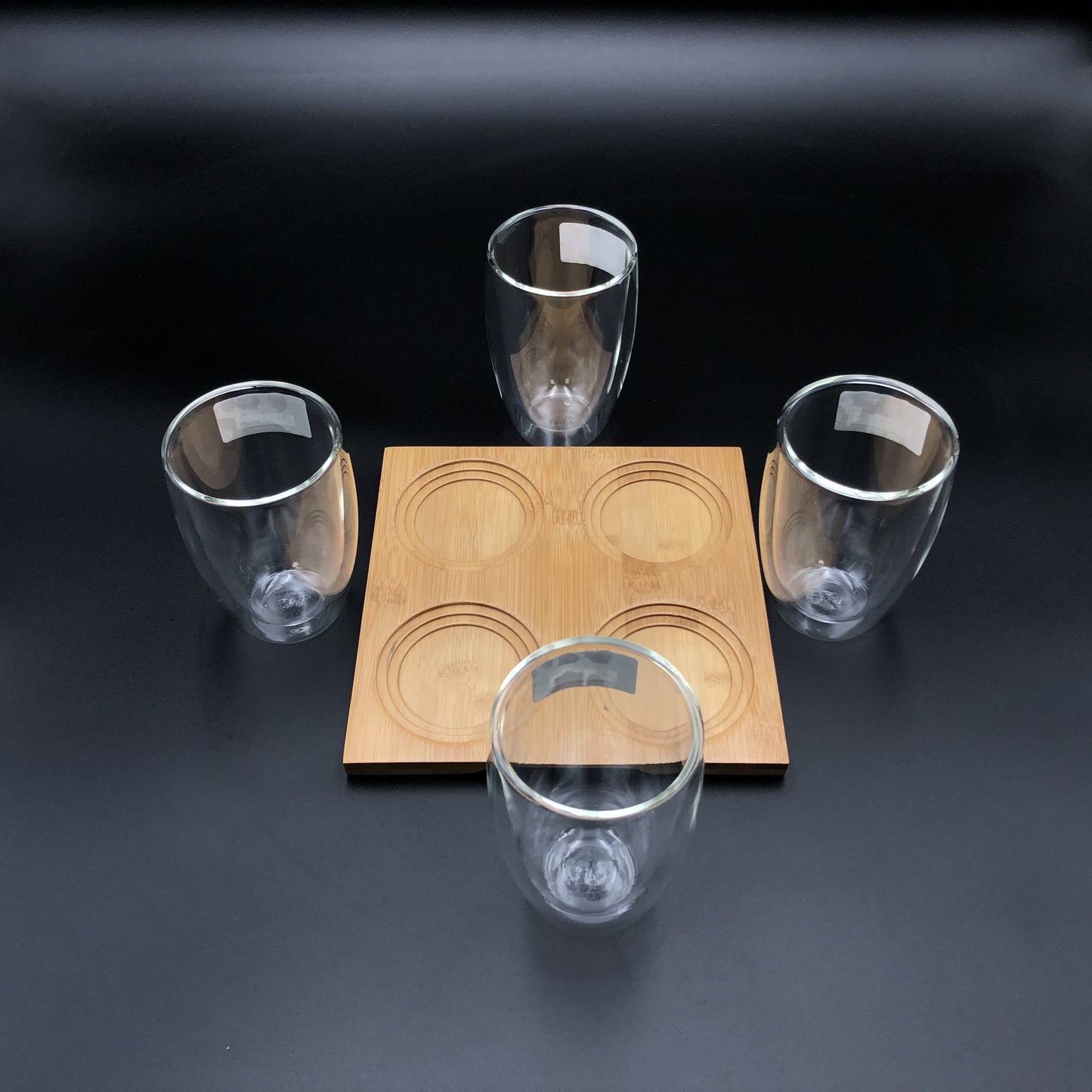 A Set Of A 4 Section Bamboo Tray With 4 Double walled Thermo Glasses | Dinnerware