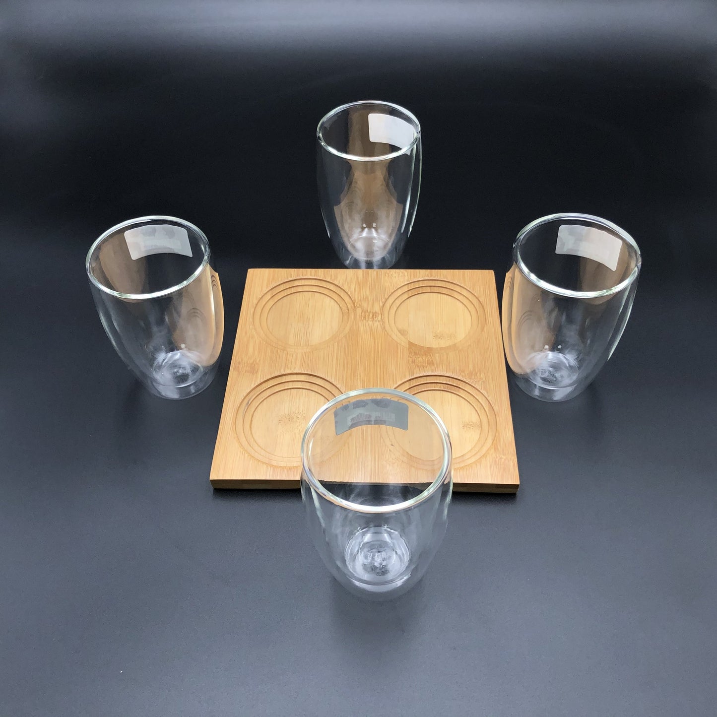 A Set Of A 4 Section Bamboo Tray With 4 Double walled Thermo Glasses | Dinnerware