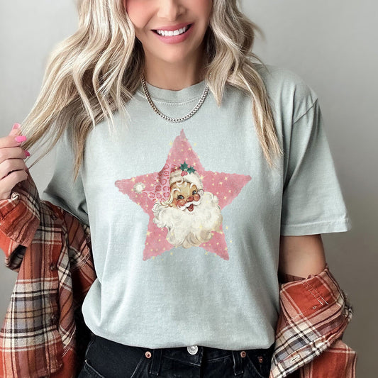 Pink Star Retro Santa, Christmas, Vintage, Comfort Colors Tshir