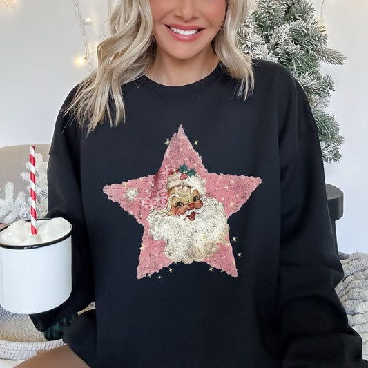 Pink Star Retro Santa, Christmas, Vintage Sweatshirt