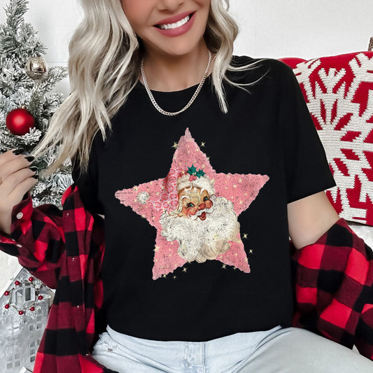 Pink Star Retro Santa, Christmas, Vintage Super Soft Tees