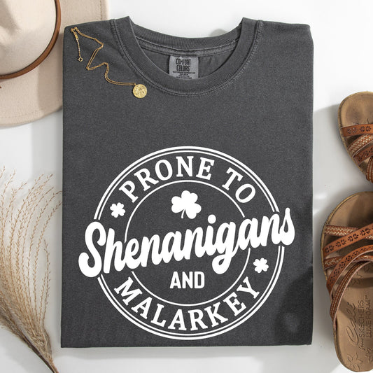 Prone to Shenanigans and Malarkey, St Patrick's Day, Shamrock, Clover, Lucky, Leprechaun Tshirt Comfort Colors T-Shirt
