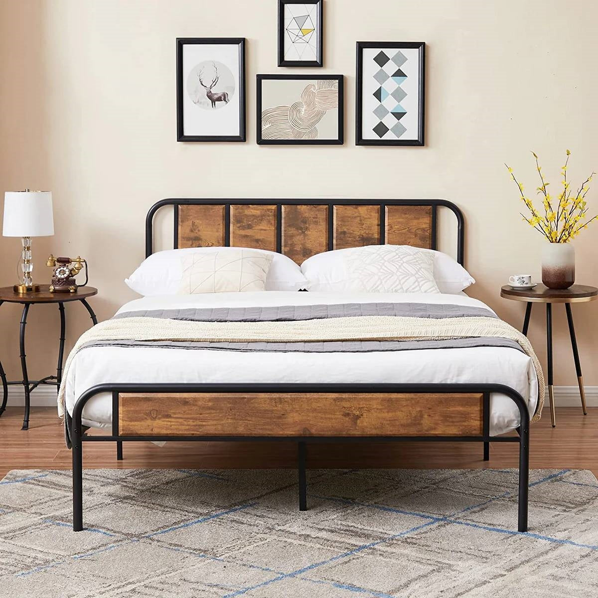 Queen Industrial Wood Metal Platform Bed Frame with Rounded Headboard Footboard