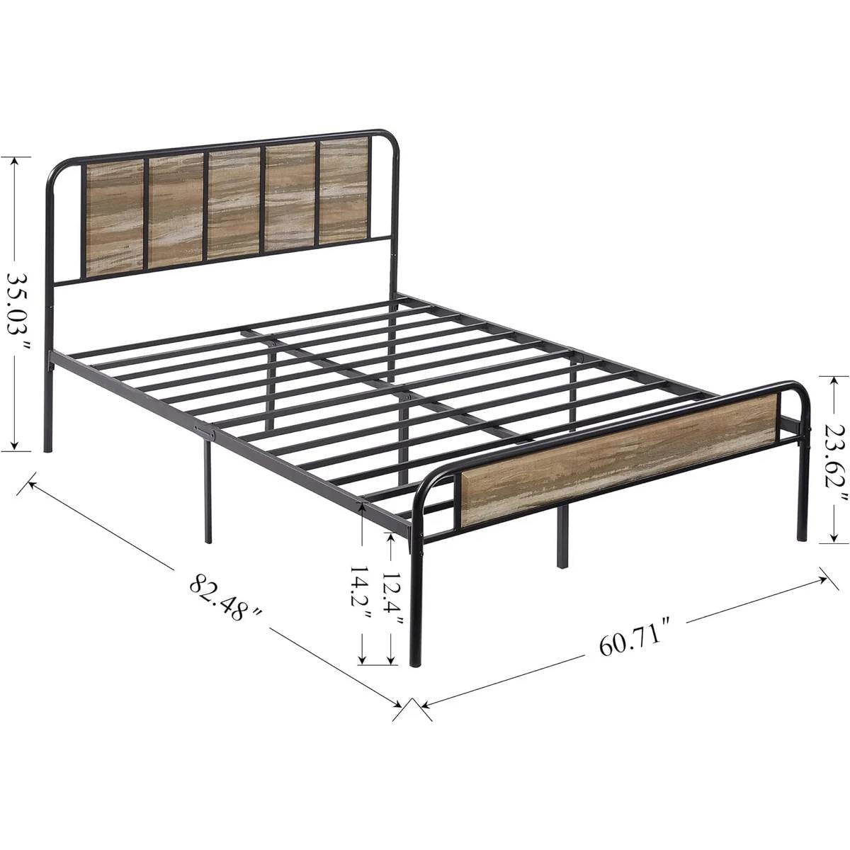 Queen size Grey Wood Metal Platform Bed Frame with Rounded Headboard Footboard