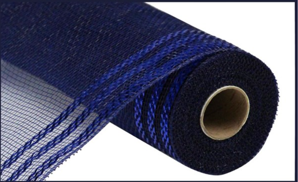10" x 10yd Border Stripe Metallic Mesh Navy w/Royal Blue Foil