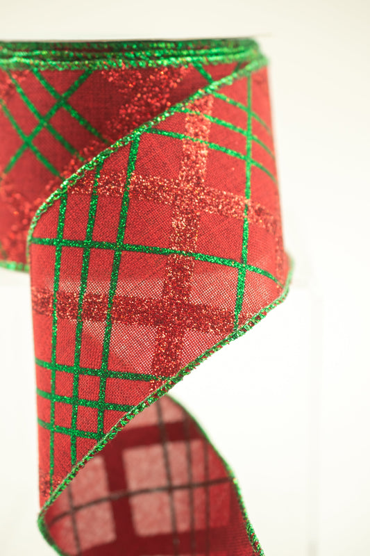 2.5"X10YD GLITTER DIAGONAL PLAID/ROYAL Color: BURGUNDY/RED/EMERALD