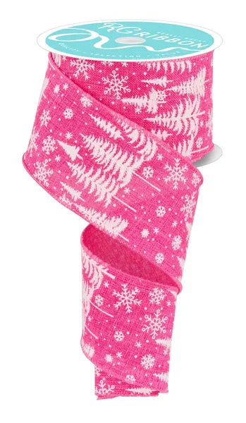 2.5"X10YD PINE TREES/SNOWFLAKES HOT PINK/WHITE