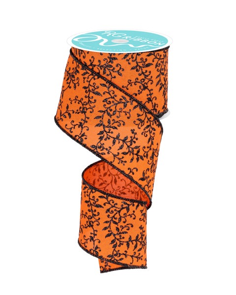 2.5"X10YD GLITTER MINI LEAF VINES-ORANGE/BLACK