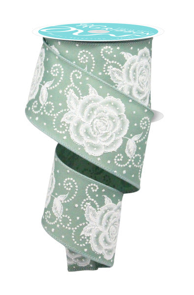 2.5"X10YD RAISED ROSES SAGE GREEN/WHITE