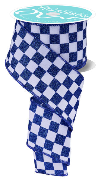 2.5"X10YD PRINT GLITTER CHECK WHITE/ROYAL BLUE