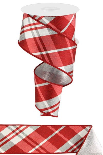 2.5"X10YD DIAGONAL PLAID/MET FUSED Color: RED/WHITE/SILVER