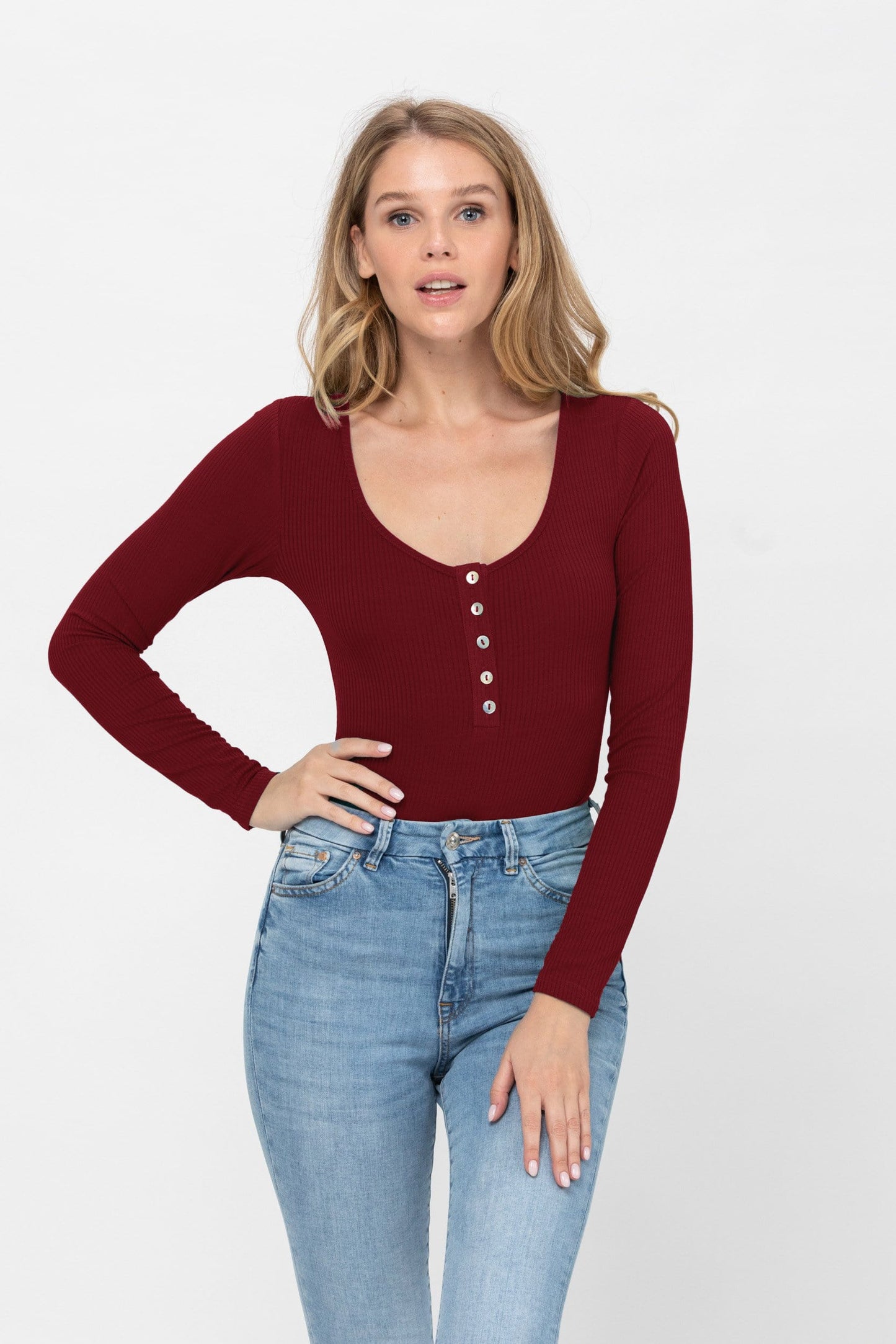 Long Sleeve Sexy Scoop Neck Tank Top Button Down Ribbed Bodysuits | Apparel | Kitchen + Metal