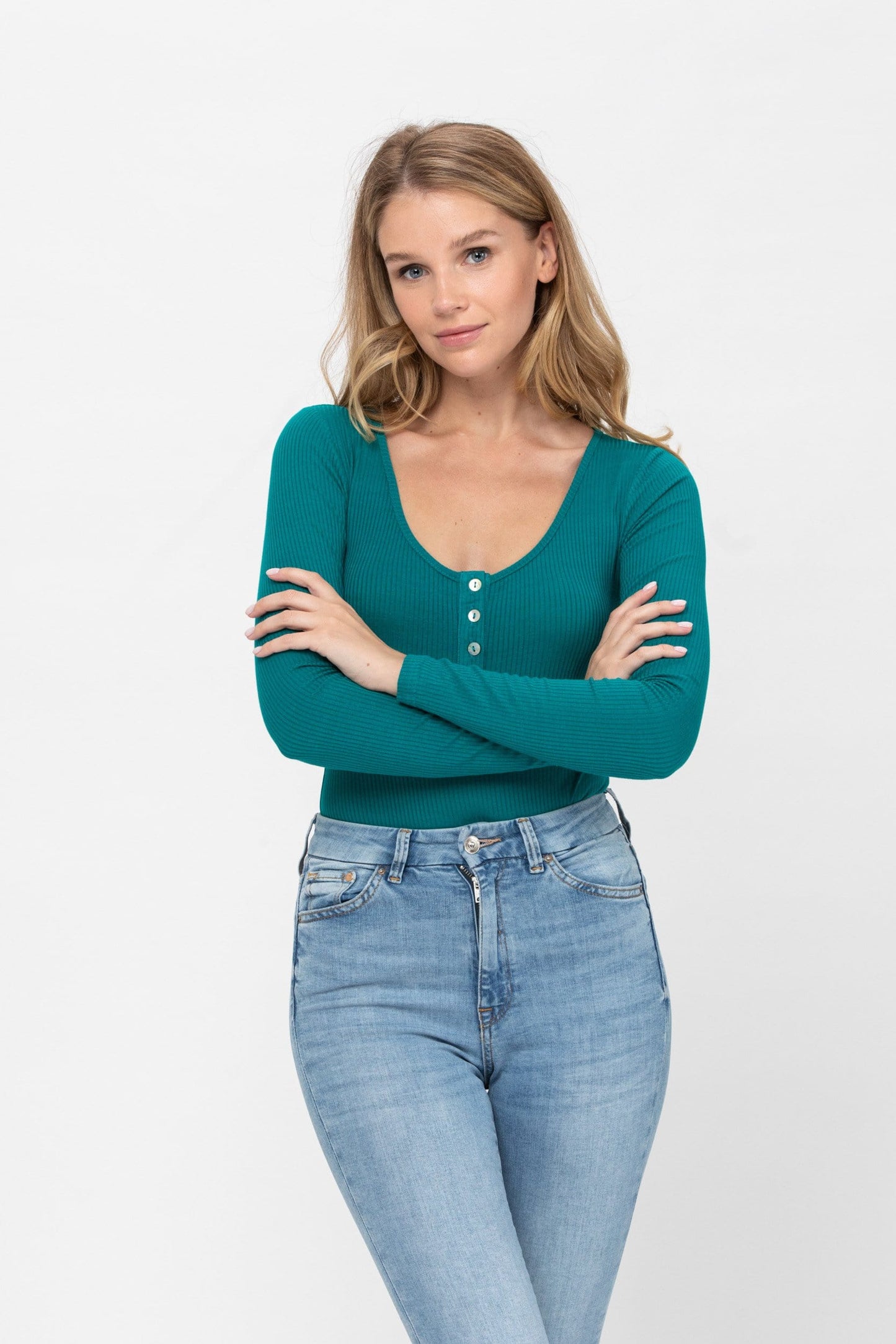Long Sleeve Sexy Scoop Neck Tank Top Button Down Ribbed Bodysuits | Apparel | Kitchen + Metal