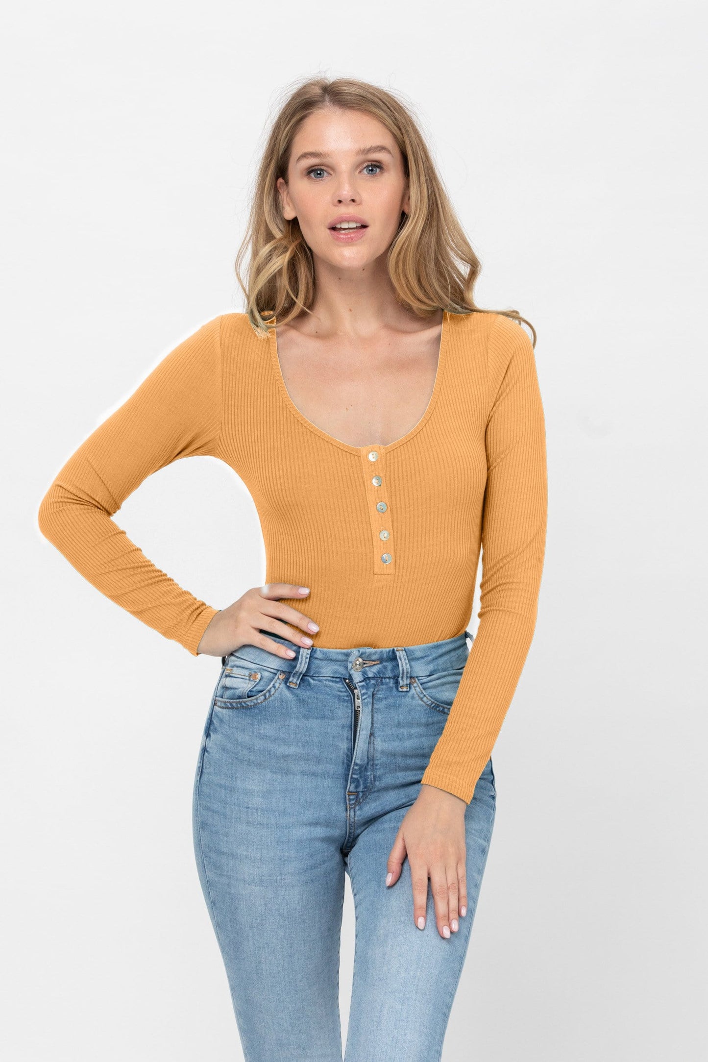Long Sleeve Sexy Scoop Neck Tank Top Button Down Ribbed Bodysuits | Apparel | Kitchen + Metal