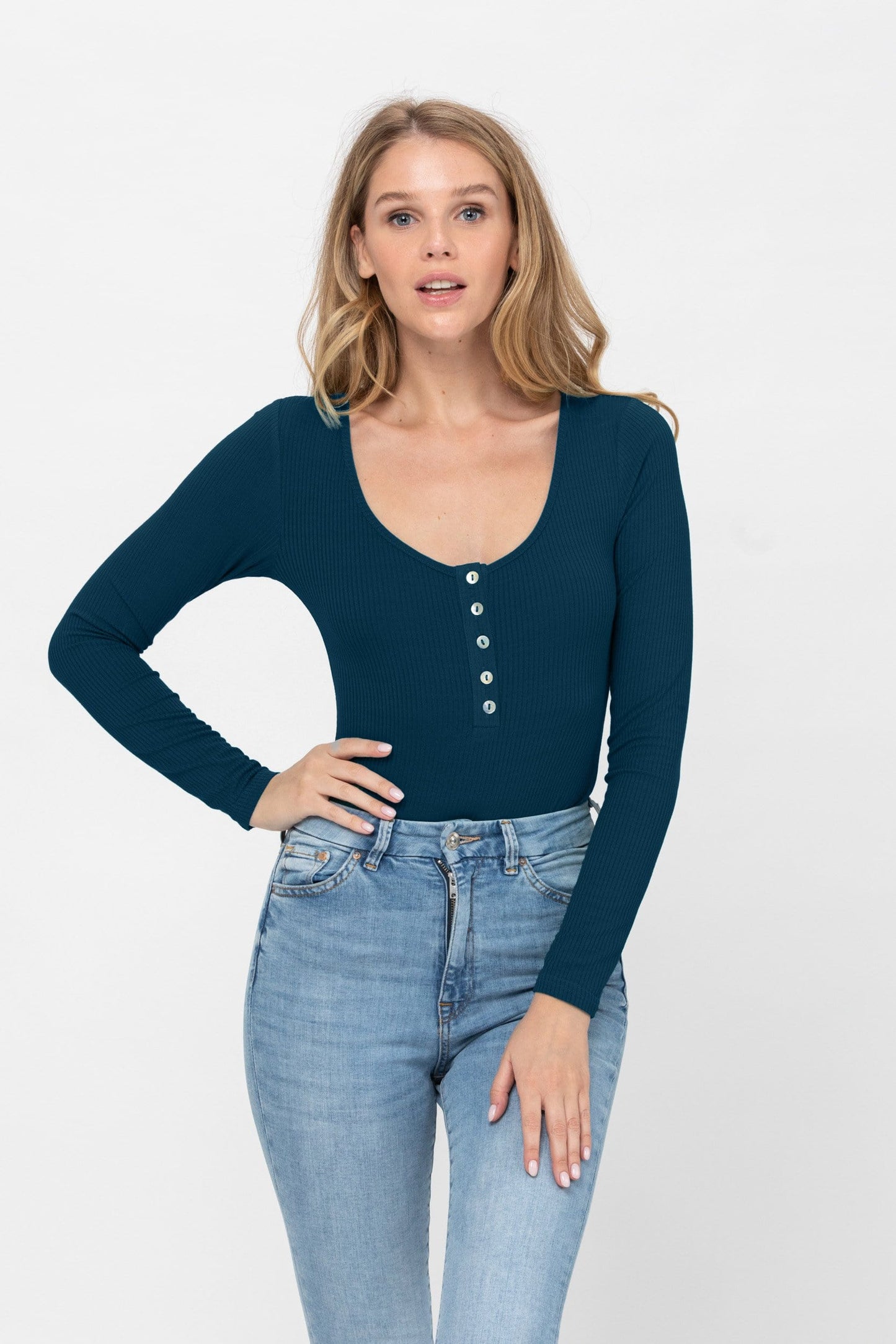 Long Sleeve Sexy Scoop Neck Tank Top Button Down Ribbed Bodysuits | Apparel | Kitchen + Metal