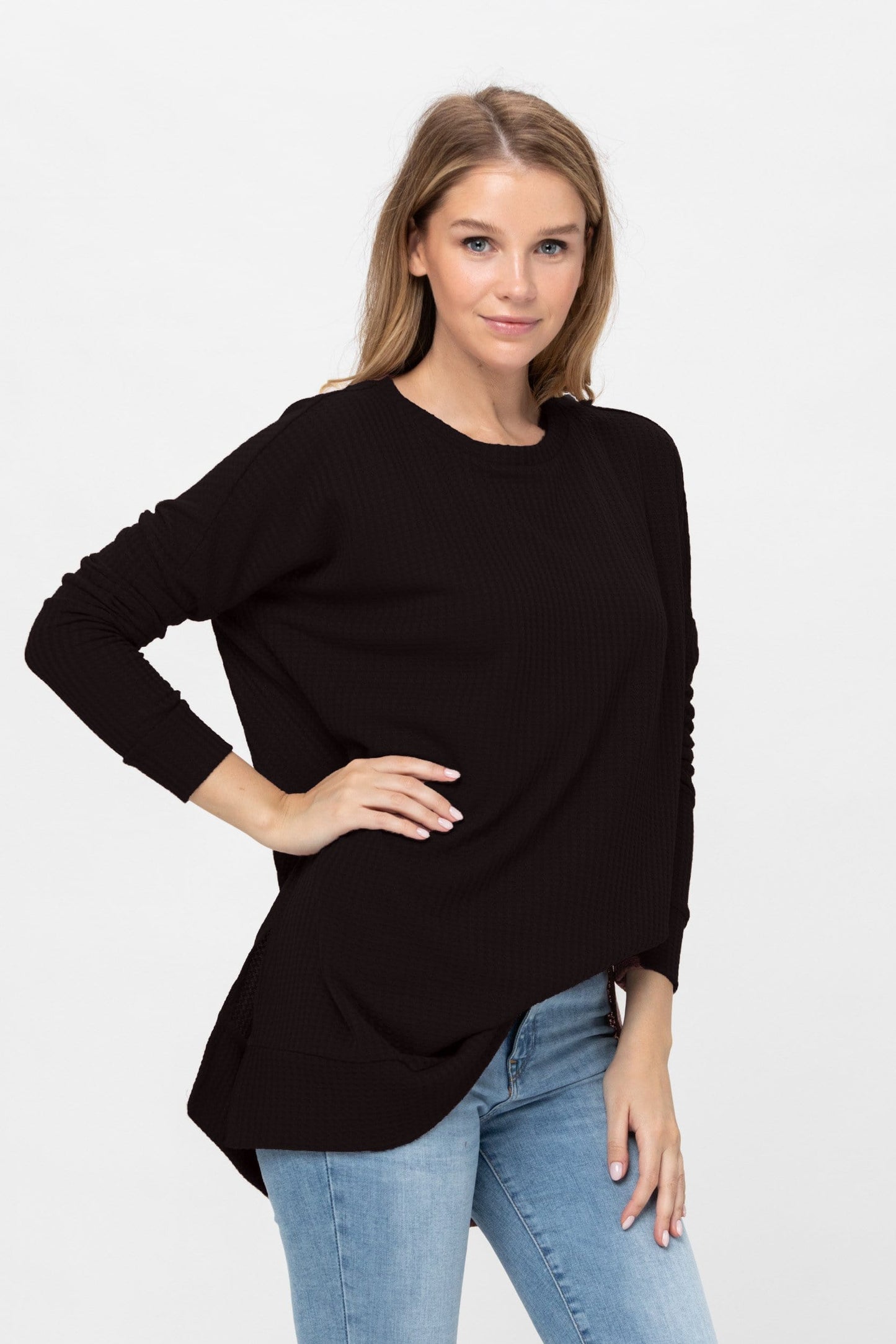 Long Sleeve Waffle Knit Sweater Round Neck Solid Color Pullover Dress | Apparel | Kitchen + Metal