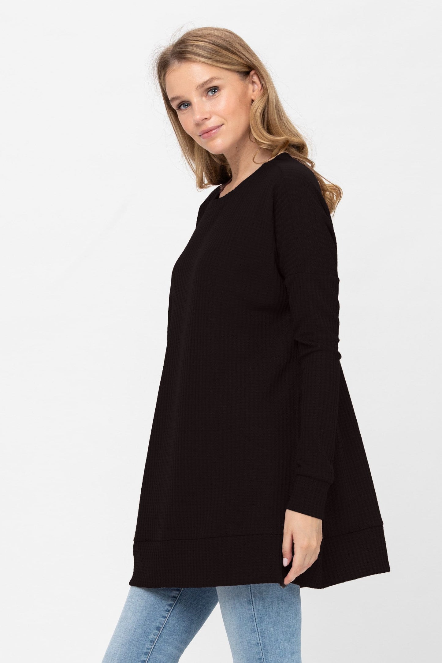 Long Sleeve Waffle Knit Sweater Round Neck Solid Color Pullover Dress | Apparel | Kitchen + Metal